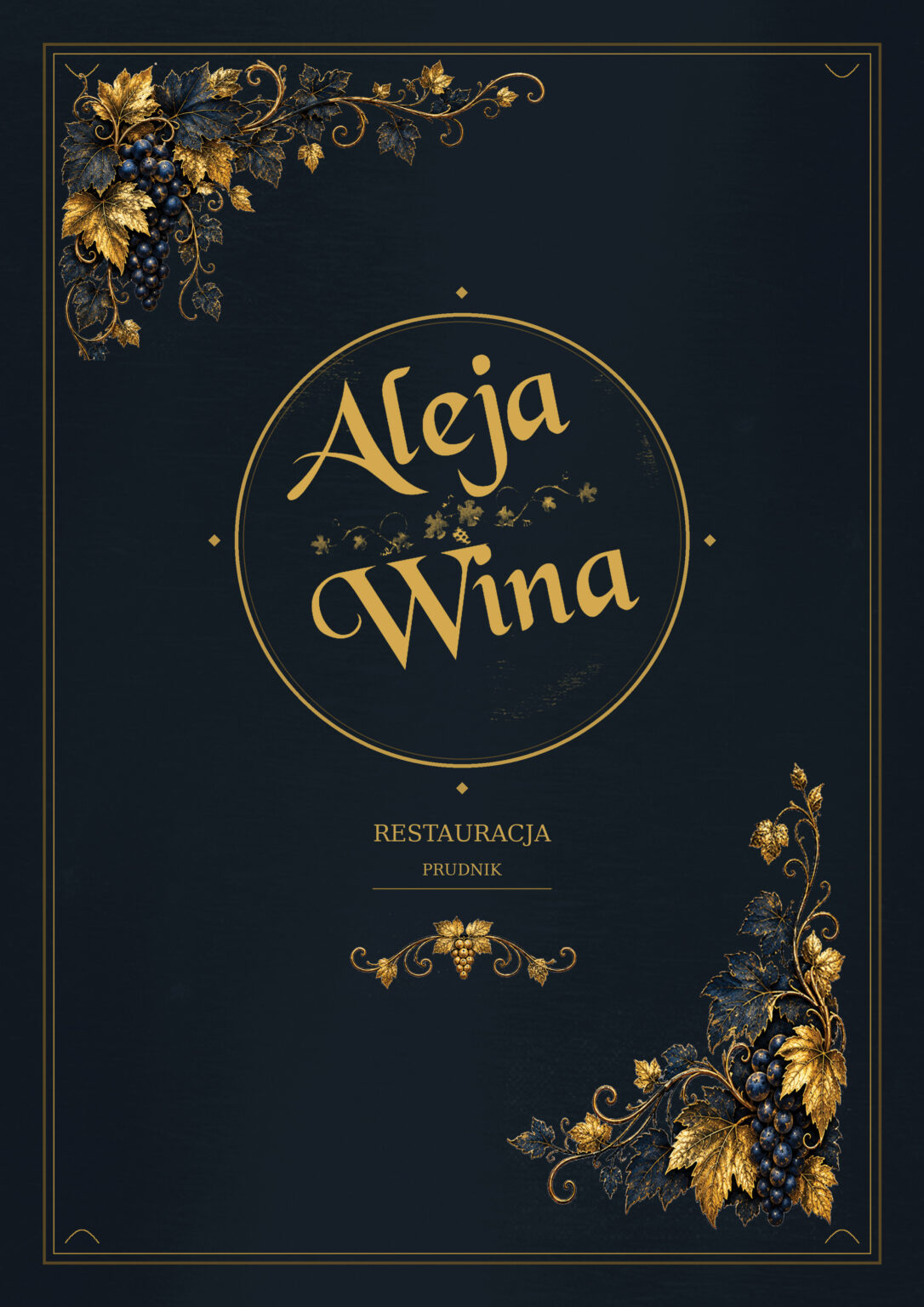 Okładka karty dań Restauracji Aleja Wina w Prudniku, granatowo-złote logo i ornamenty winorośli.