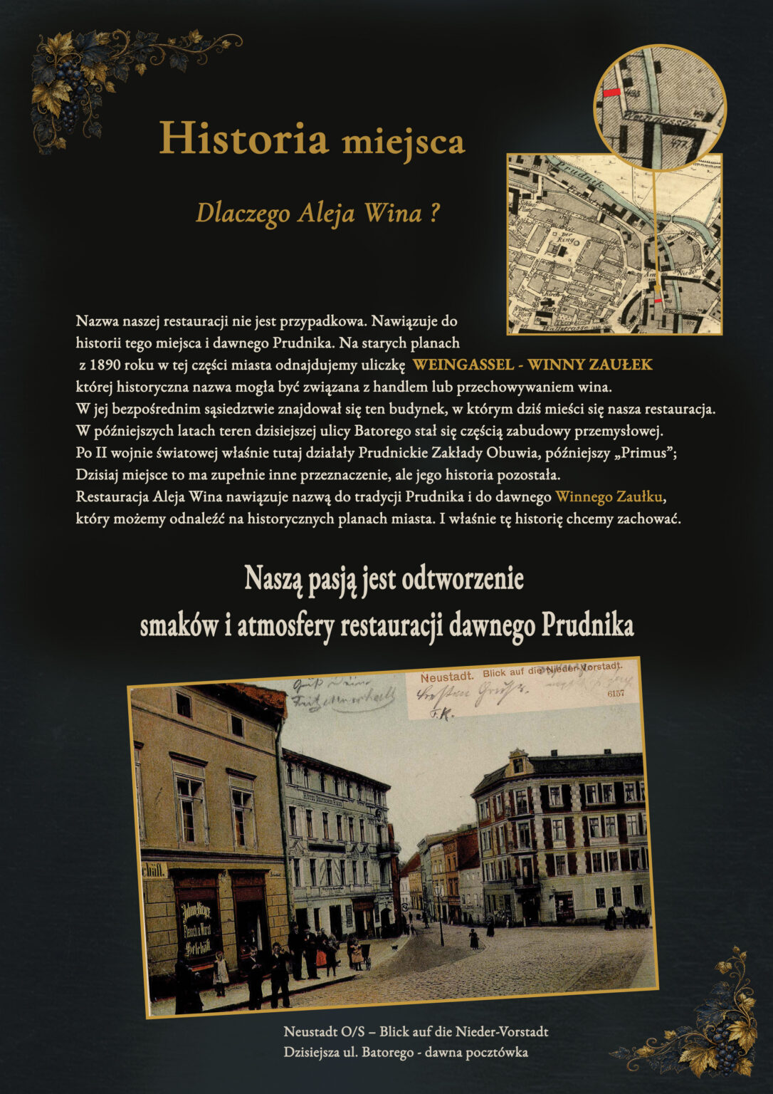 Historia Restauracji Aleja Wina w Prudniku, archiwalna mapa z 1893 roku z nazwą Weingassel i opowieść o restauracji.