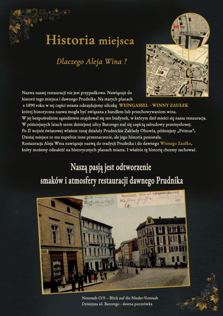 Historia Restauracji Aleja Wina w Prudniku, archiwalna mapa z 1893 roku z nazwą Weingassel i opowieść o restauracji.