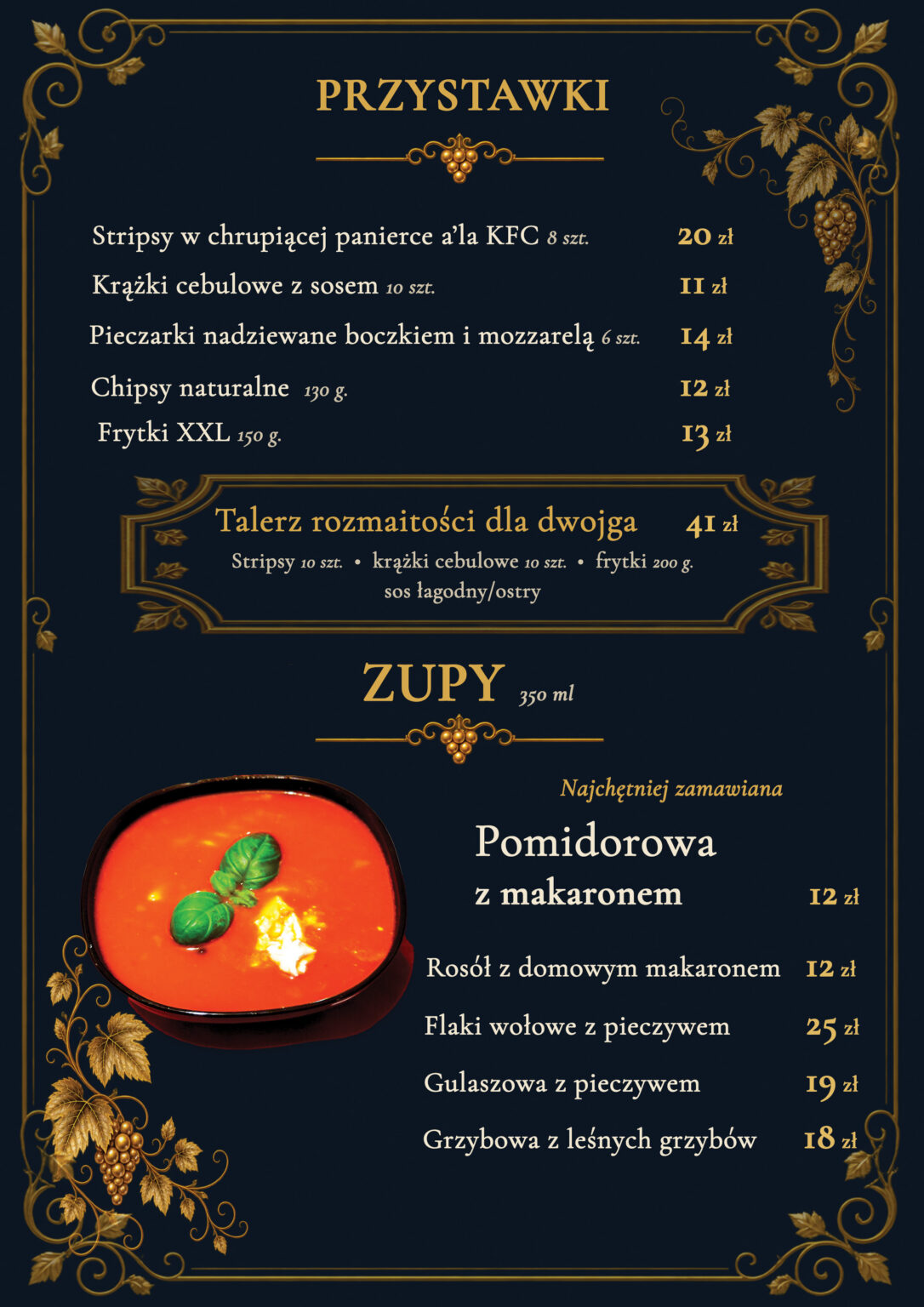 Karta przystawek i zup Restauracji Aleja Wina – chrupiące przekąski, rosół, żurek i tradycyjne zupy.