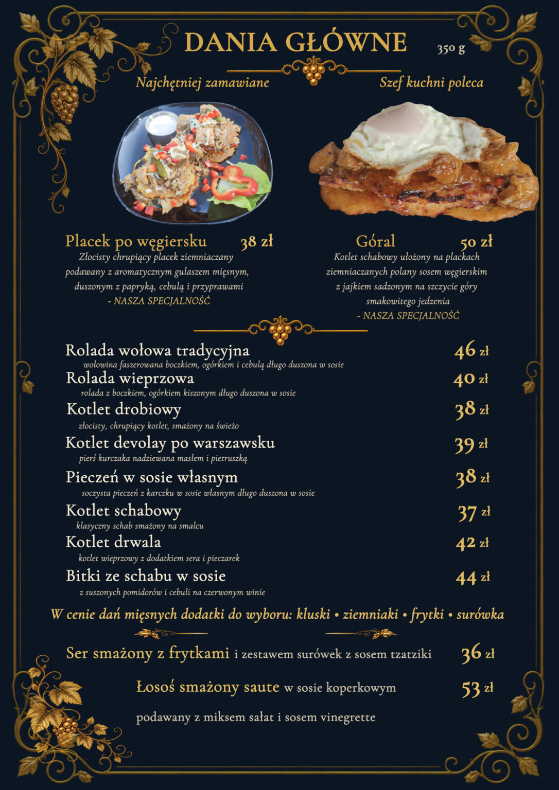 Dania główne Restauracji Aleja Wina w Prudniku – placek po węgiersku oraz tradycyjne potrawy kuchni polskiej.