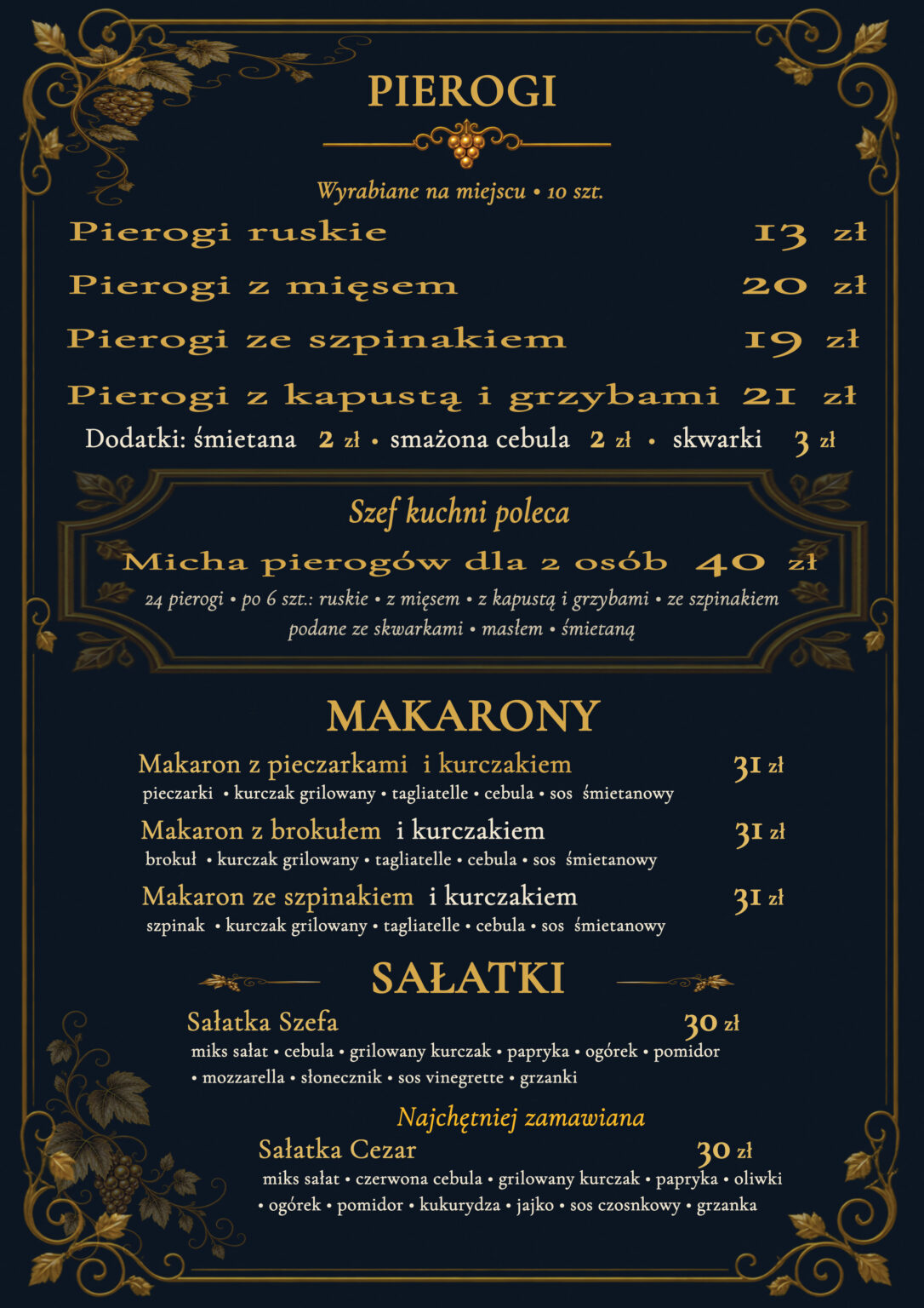 Karta pierogów, makaronów i sałatek Restauracji Aleja Wina w Prudniku, z opisami dań i cenami.