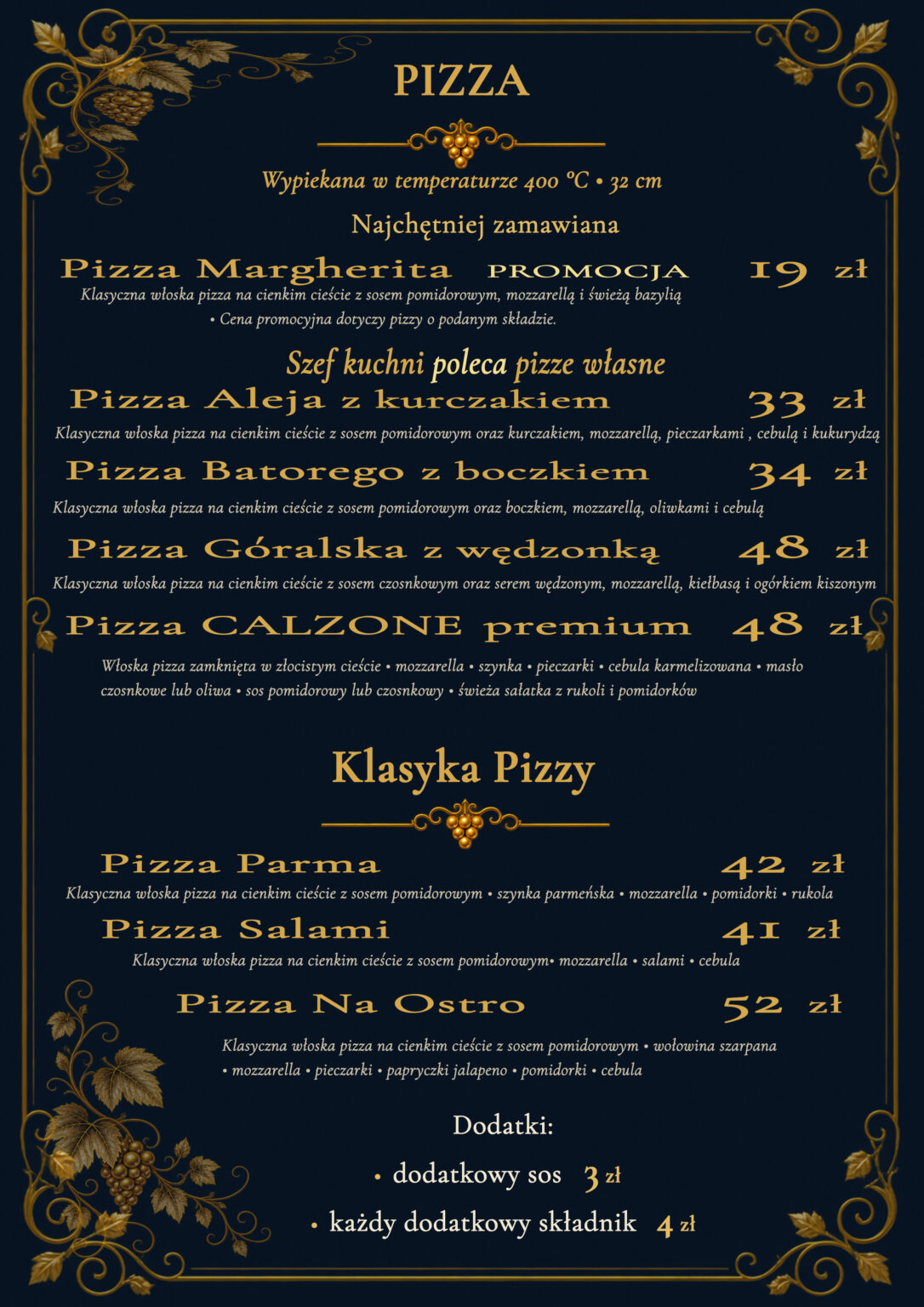 Menu pizzy Restauracji Aleja Wina w Prudniku, dostępne rodzaje pizzy, składniki, dodatki i ceny.