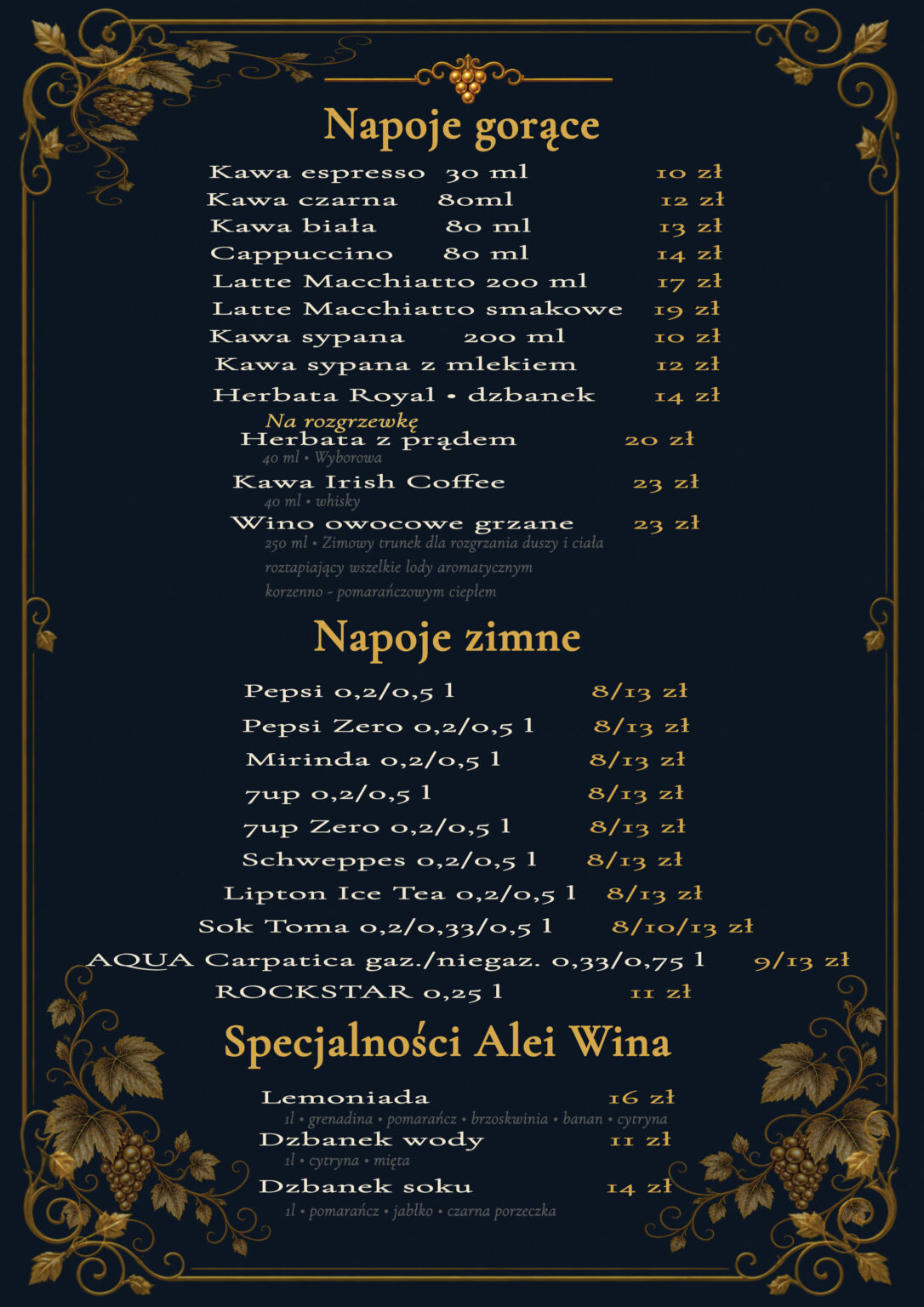 Karta napojów bezalkoholowych Restauracji Aleja Wina w Prudniku, napoje Pepsi, kawa, herbata i pozostałe napoje.