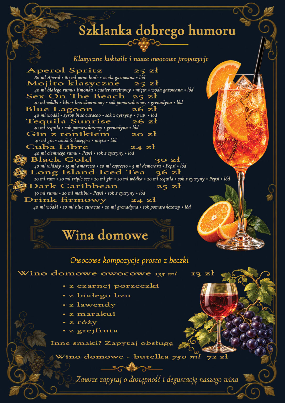 Karta drinków i win Restauracji Aleja Wina w Prudniku, koktajle alkoholowe oraz oferta win.