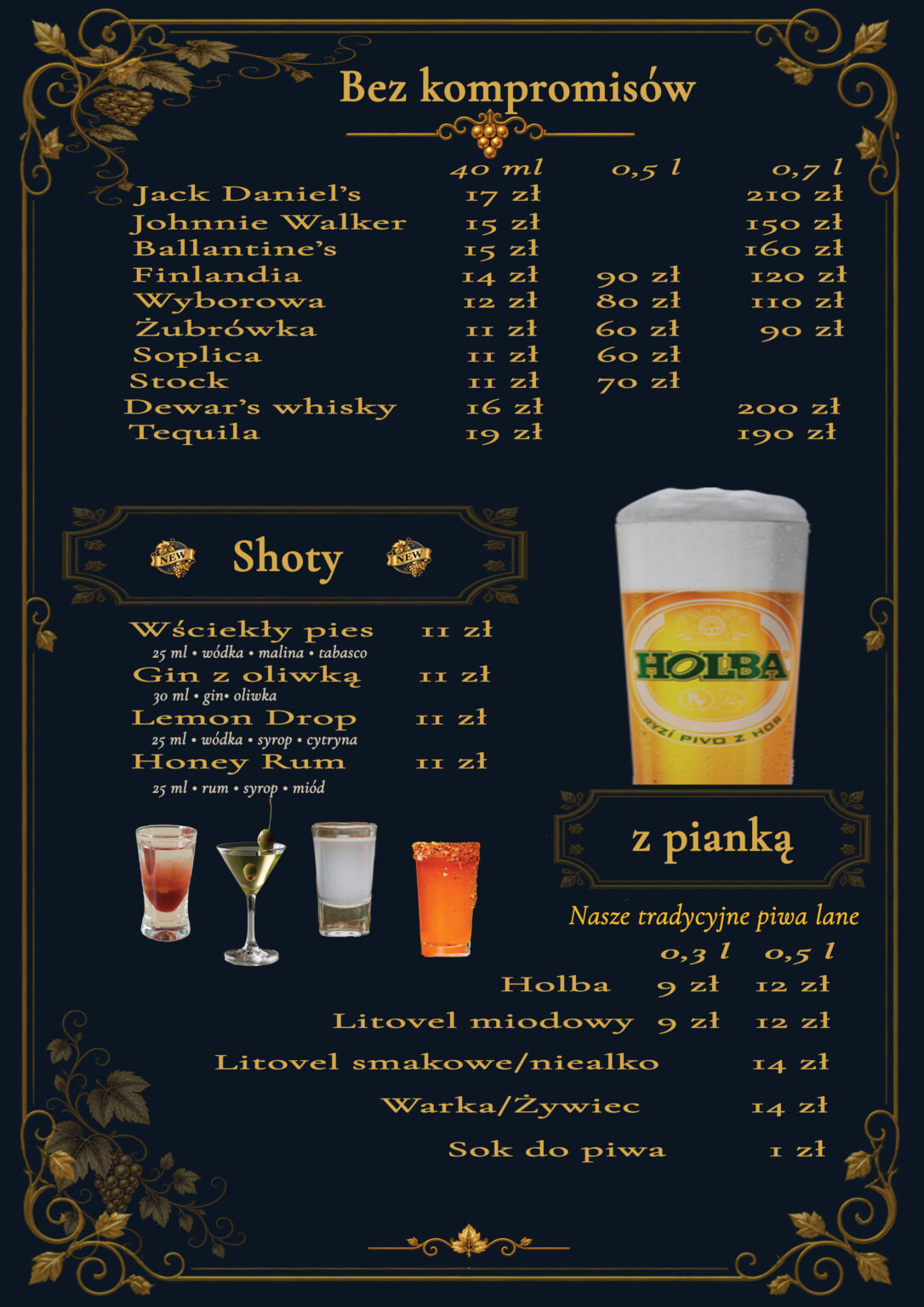 arta alkoholi Restauracji Aleja Wina w Prudniku, alkohole mocne, shoty oraz oferta piw.