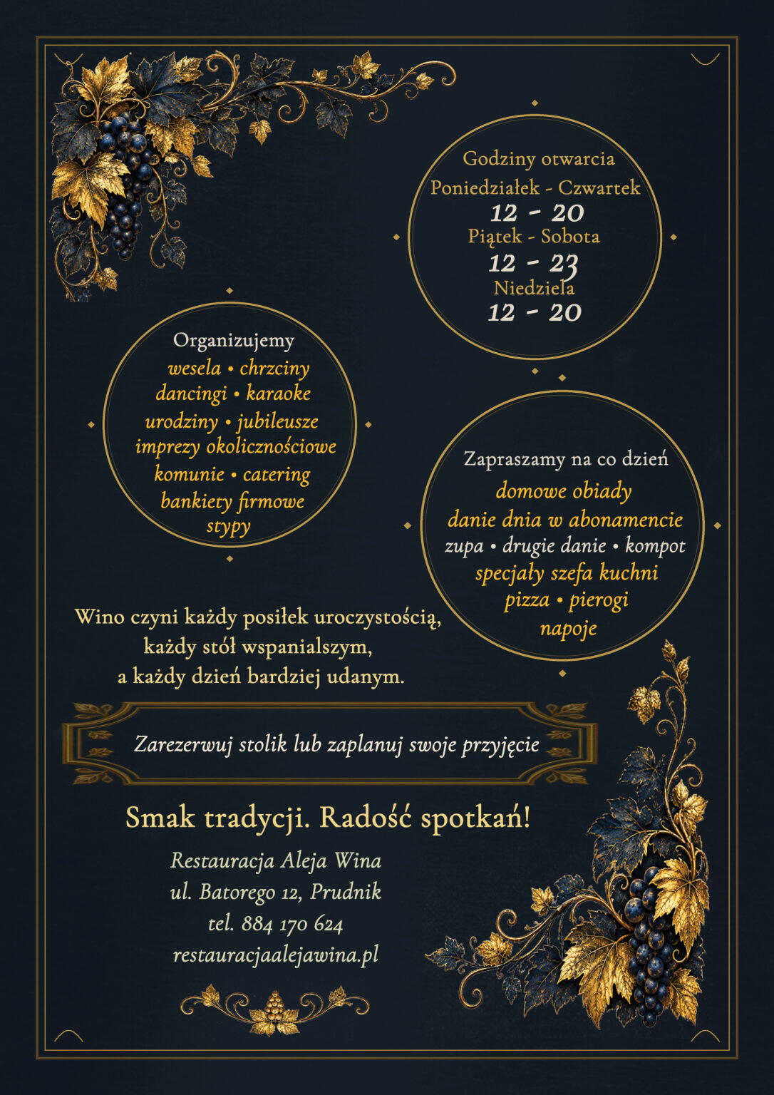 Tylna okładka menu Restauracji Aleja Wina w Prudniku, dane kontaktowe, informacje o rezerwacjach oraz hasła reklamowe „Smak tradycji. Radość spotkań!” i „Wyjątkowe smaki na każdą okazję!”.